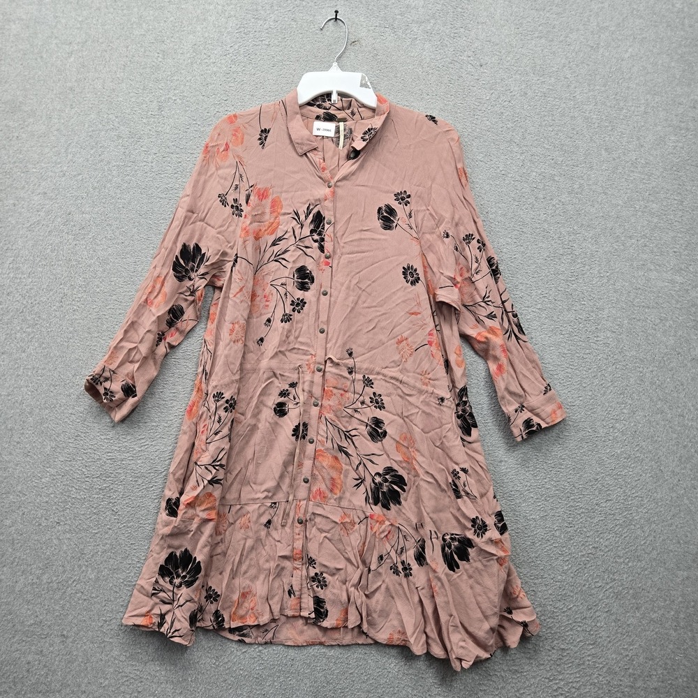 Free People Women Dress S/P Pink Floral Button Collared Front Midi Shirt